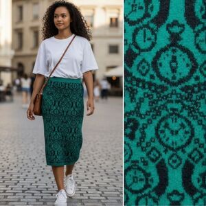 VINTAGE 80s Benetton Angora Blend Sweater Knit Skirt Dress Clock Watch Print S M